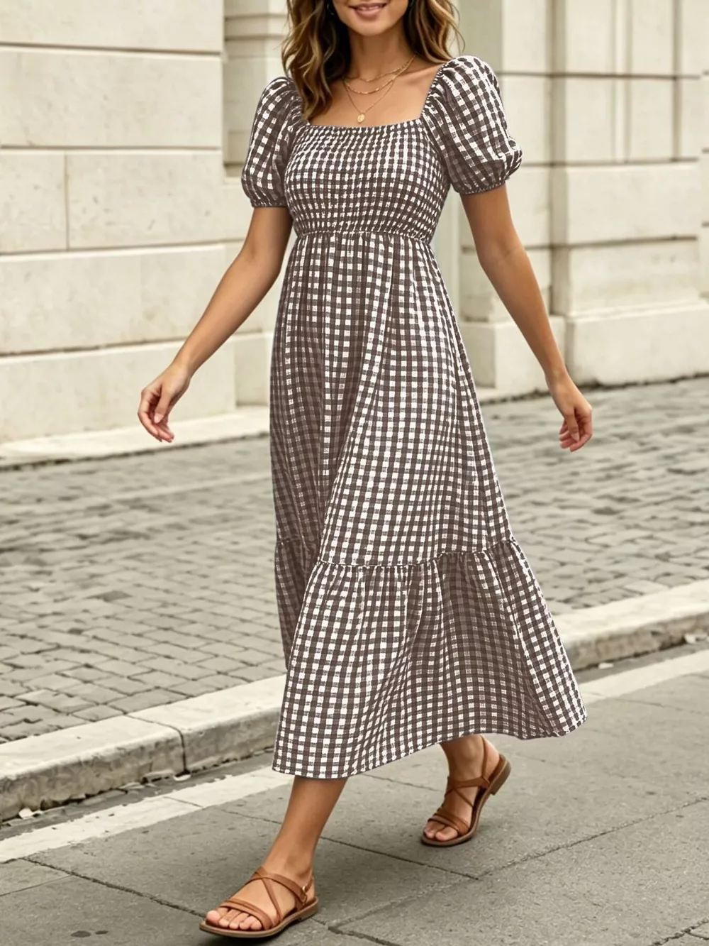 Gingham Smocked Puff Sleeve Midi Dress, image 9