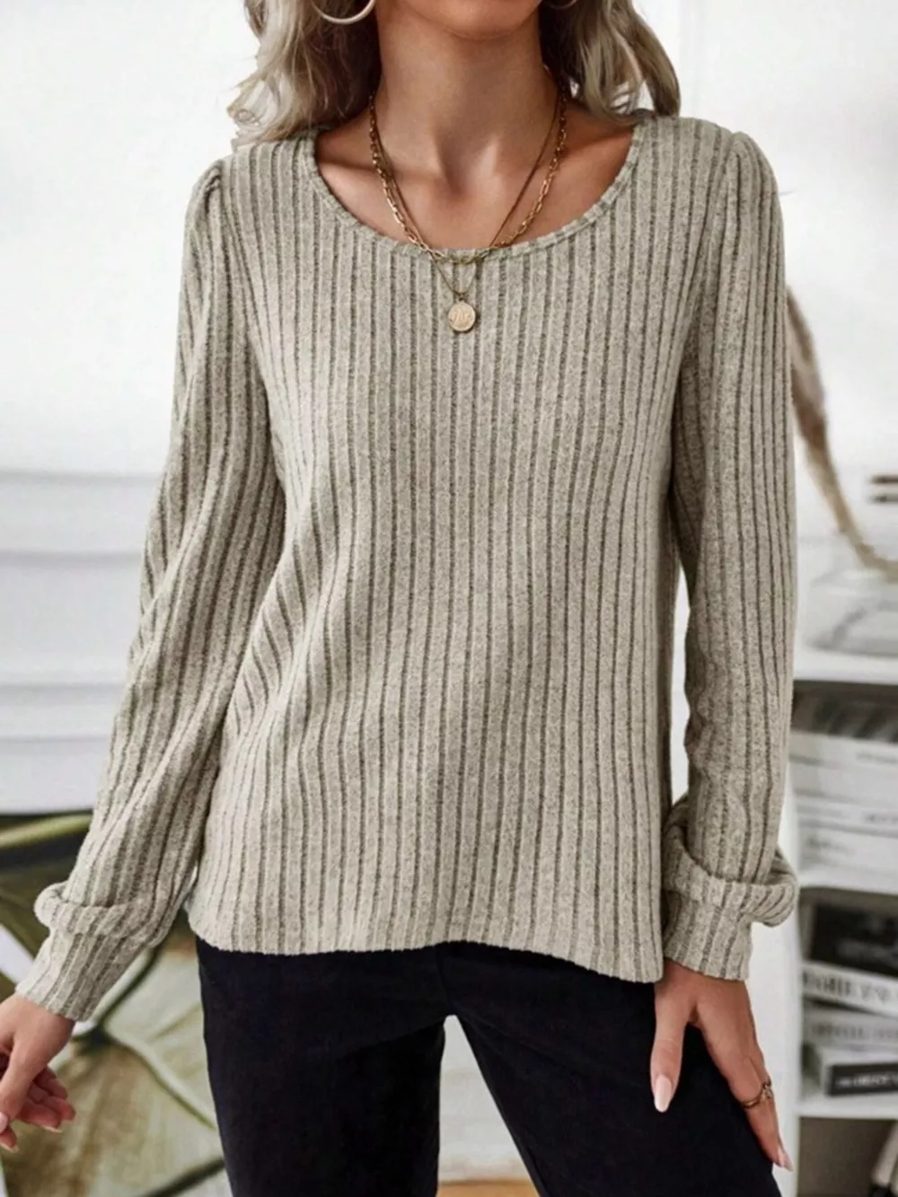 Ribbed Knit Long Sleeve T-Shirt, image 2