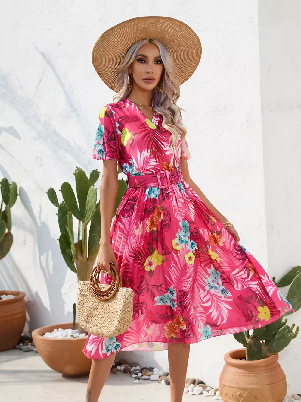 Pleated Tropical Print Belted Midi Dress, image 6