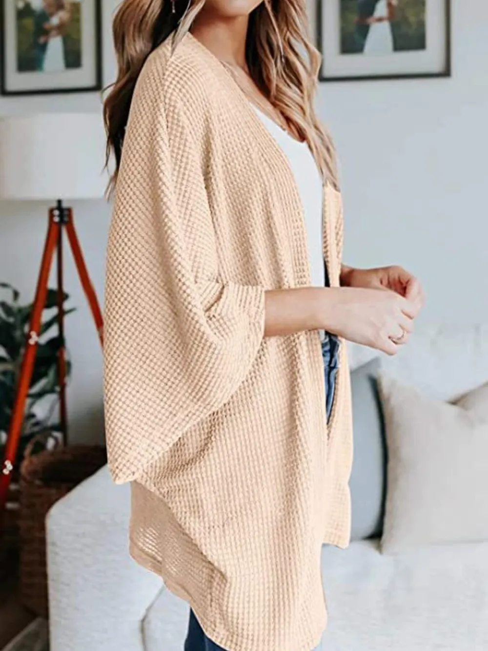 Full Size Open Front Waffle Knit Cardigan Plus Size, image 14