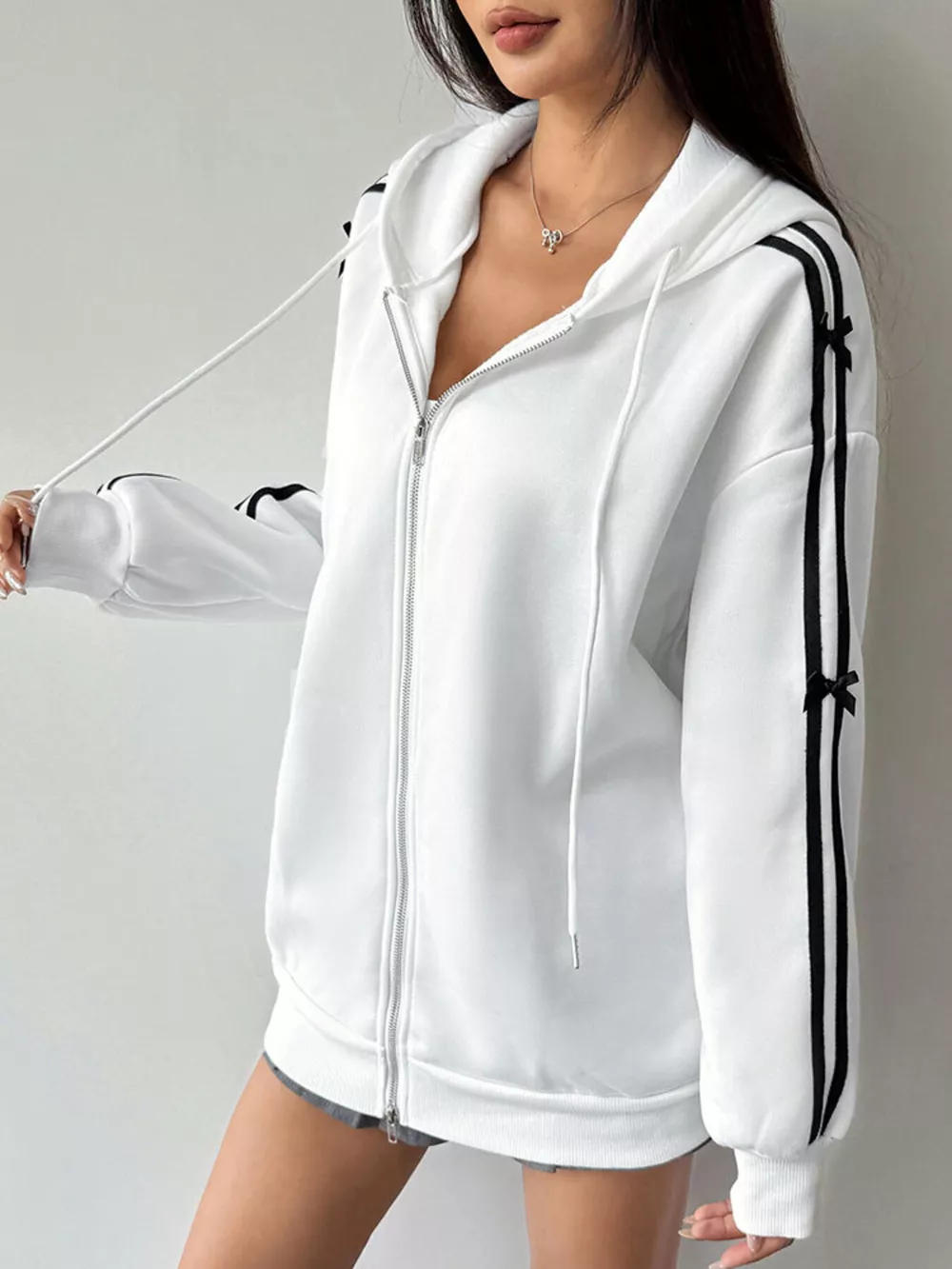 Striped Sleeve Zip-Up Drawstring Hoodie, image 7