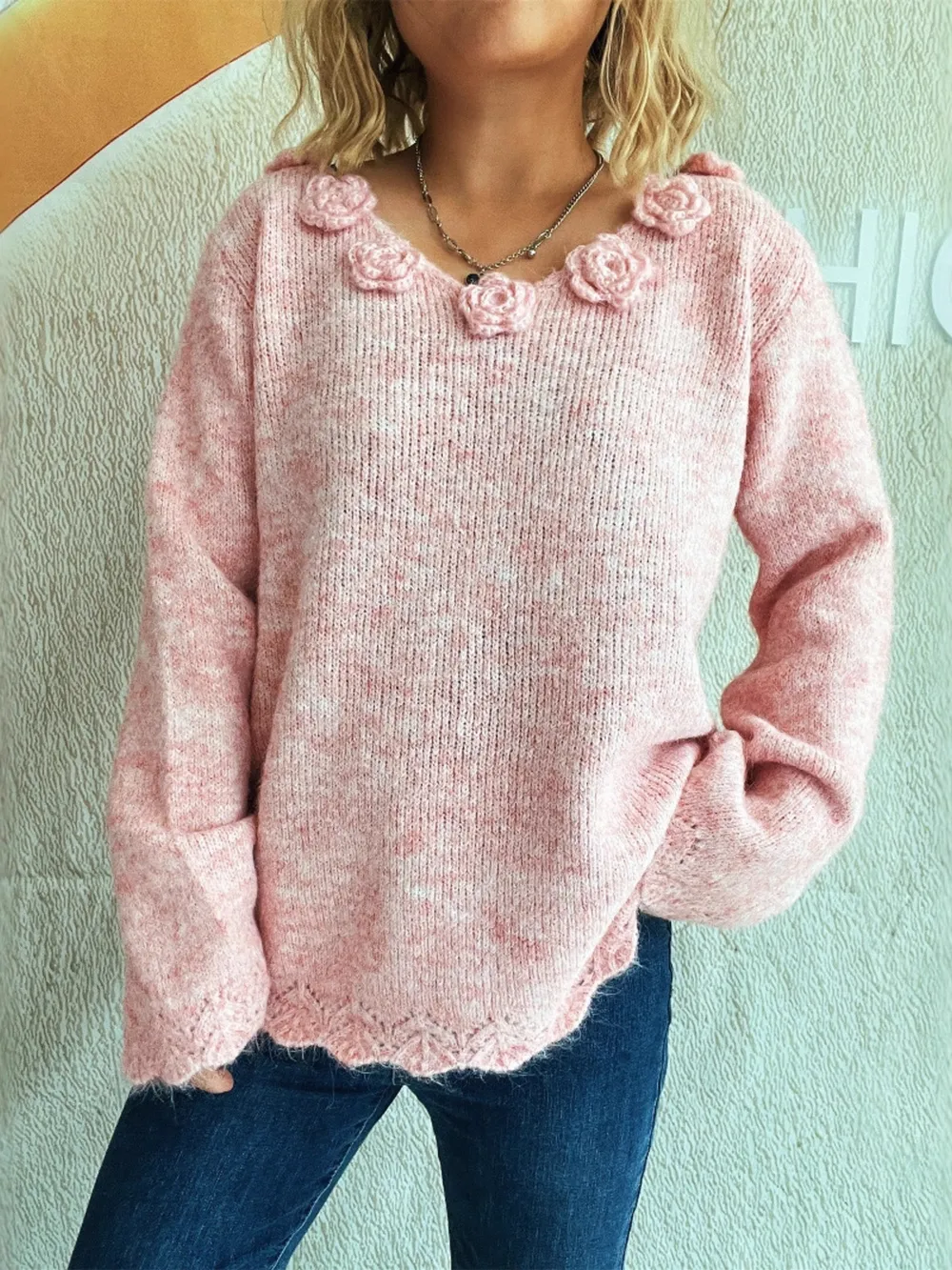 Flower V-Neck Long Sleeve Sweater, image 14