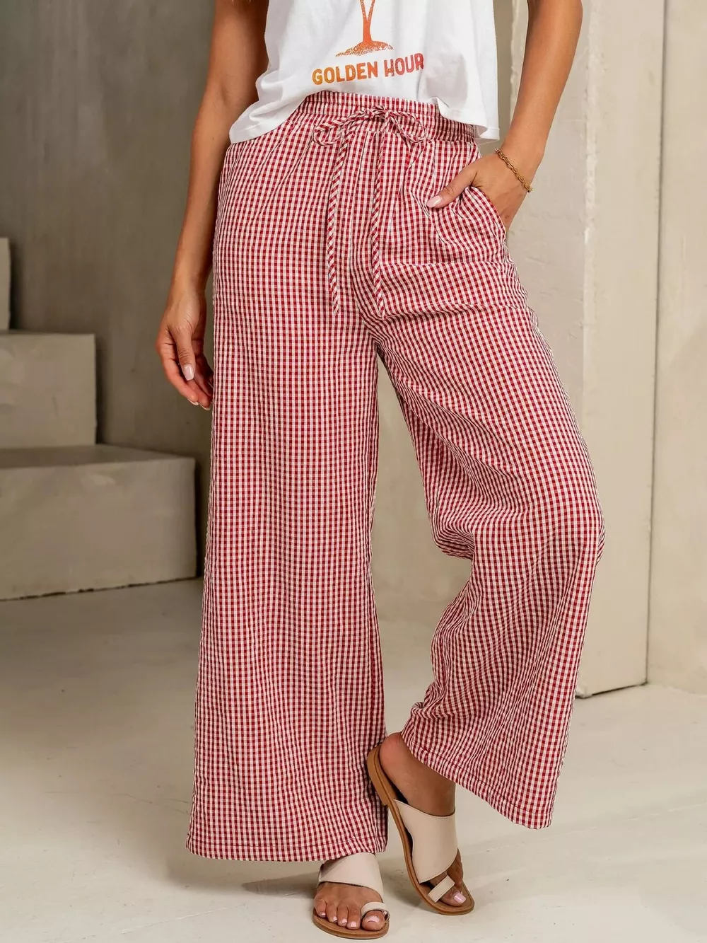 Gingham Print Wide Leg Casual Pants, image 3
