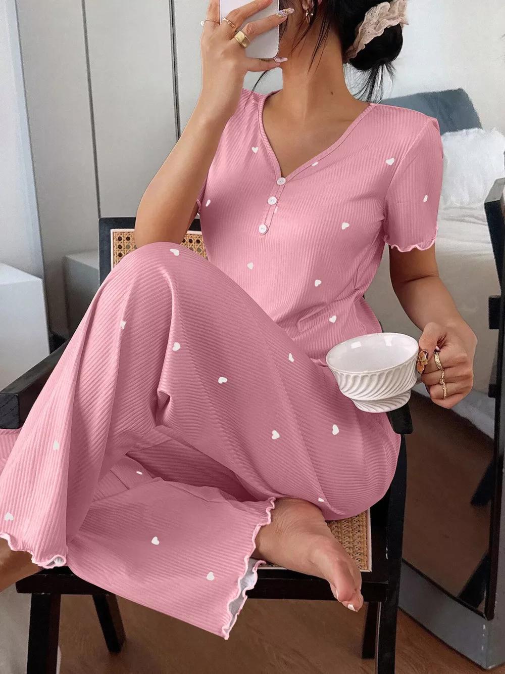 Heart Print Lettuce Trim Top and Pants Loungewear Set, image 3
