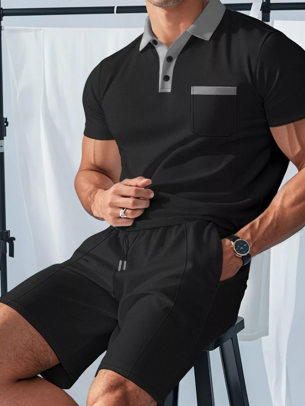 Men's Full Size Casual Short Sleeve Polo & Shorts Set Plus Size, image 3