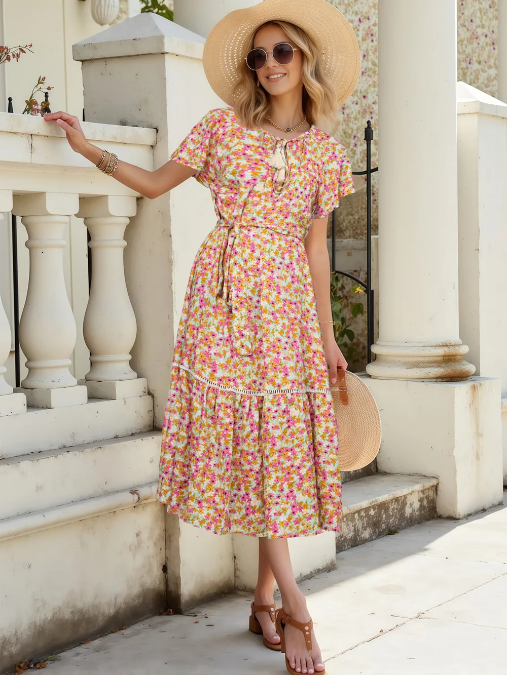 Floral Print Ruffle Hem Midi Dress, image 5