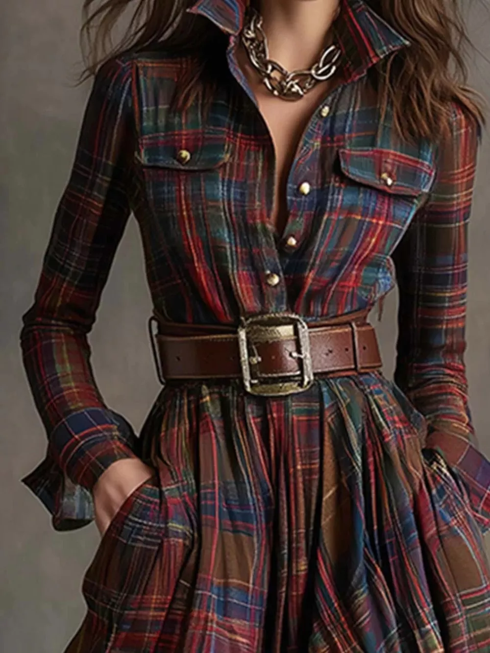 Full Size Plaid Long Sleeve Shirt Maxi Dress Plus Size, image 3