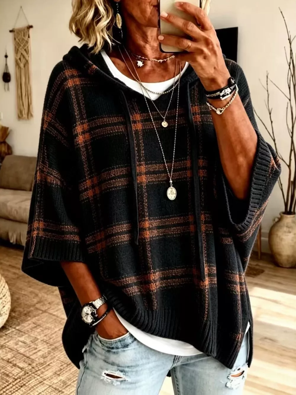Full Size Drawstring Plaid Hooded Sweater Plus Size