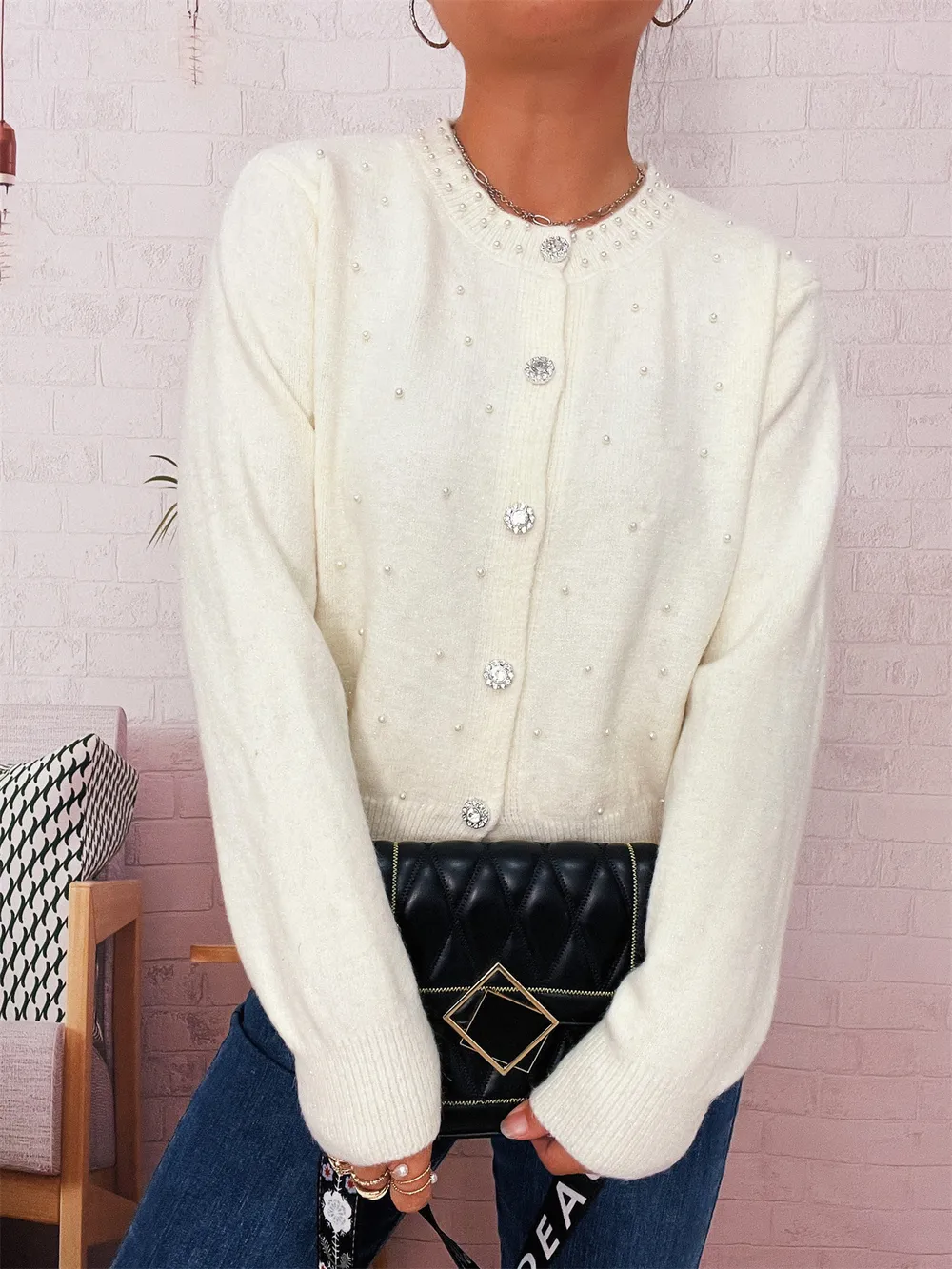 Pearl Detail Button-Front Cardigan, image 18