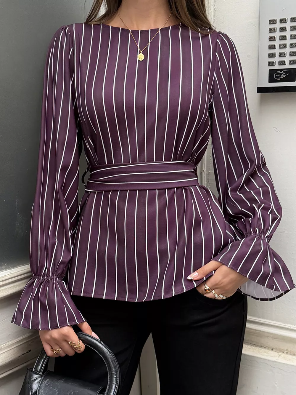 Striped Flounce Sleeves Blouse