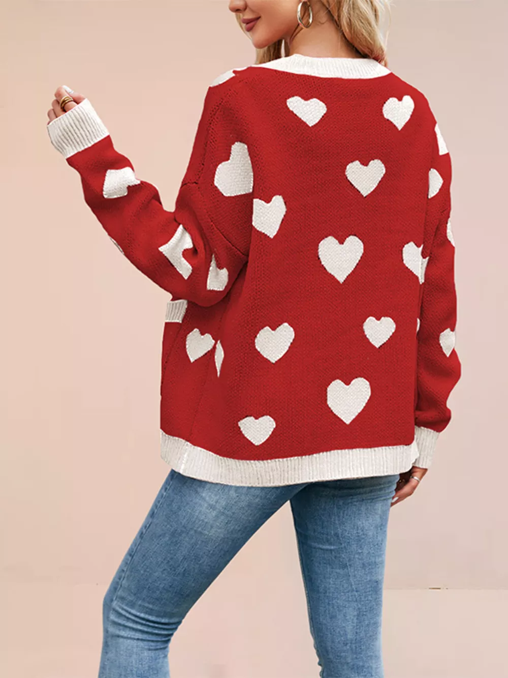 Heart Pattern V-Neck Button-Down Knit Cardigan, image 6