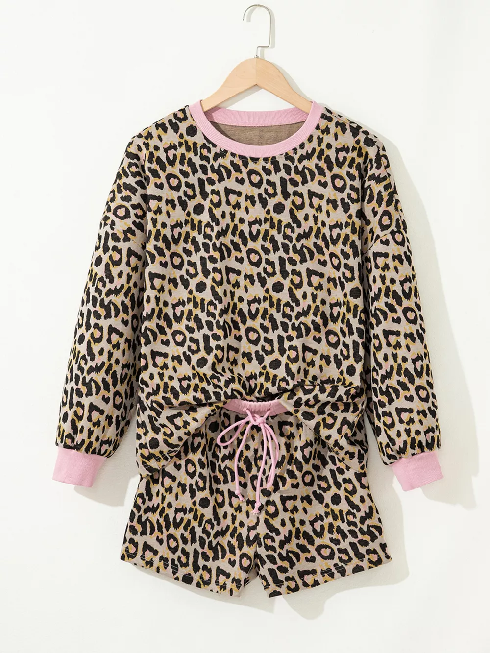 Leopard Print Contrast Edge Long Sleeve Pullover Shorts Set, image 3