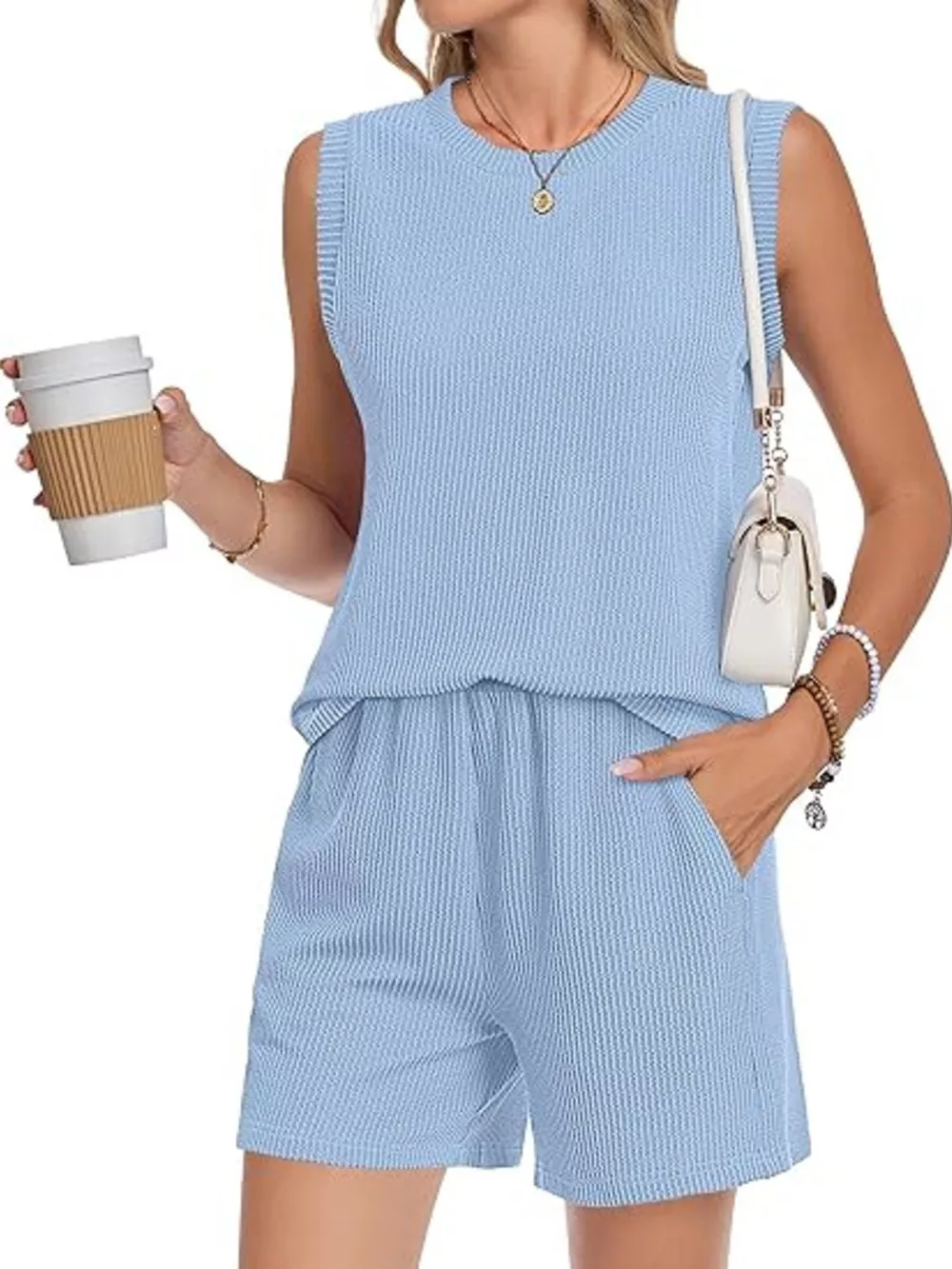Casual Ribbed Knit Sleeveless Top and Shorts Set, image 17