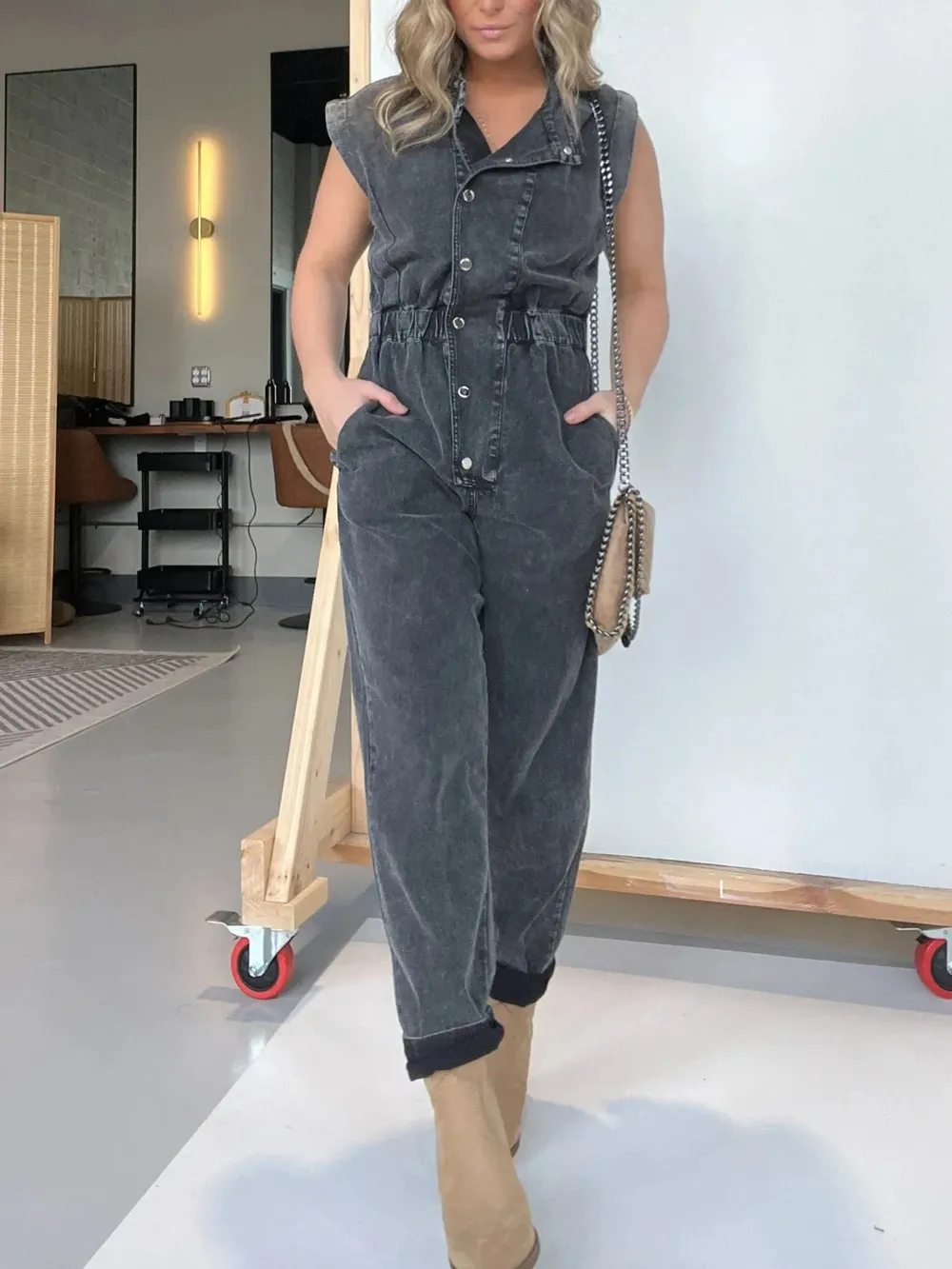 Full Size Button Front Cap Sleeve Denim Jumpsuit Plus Size, image 2