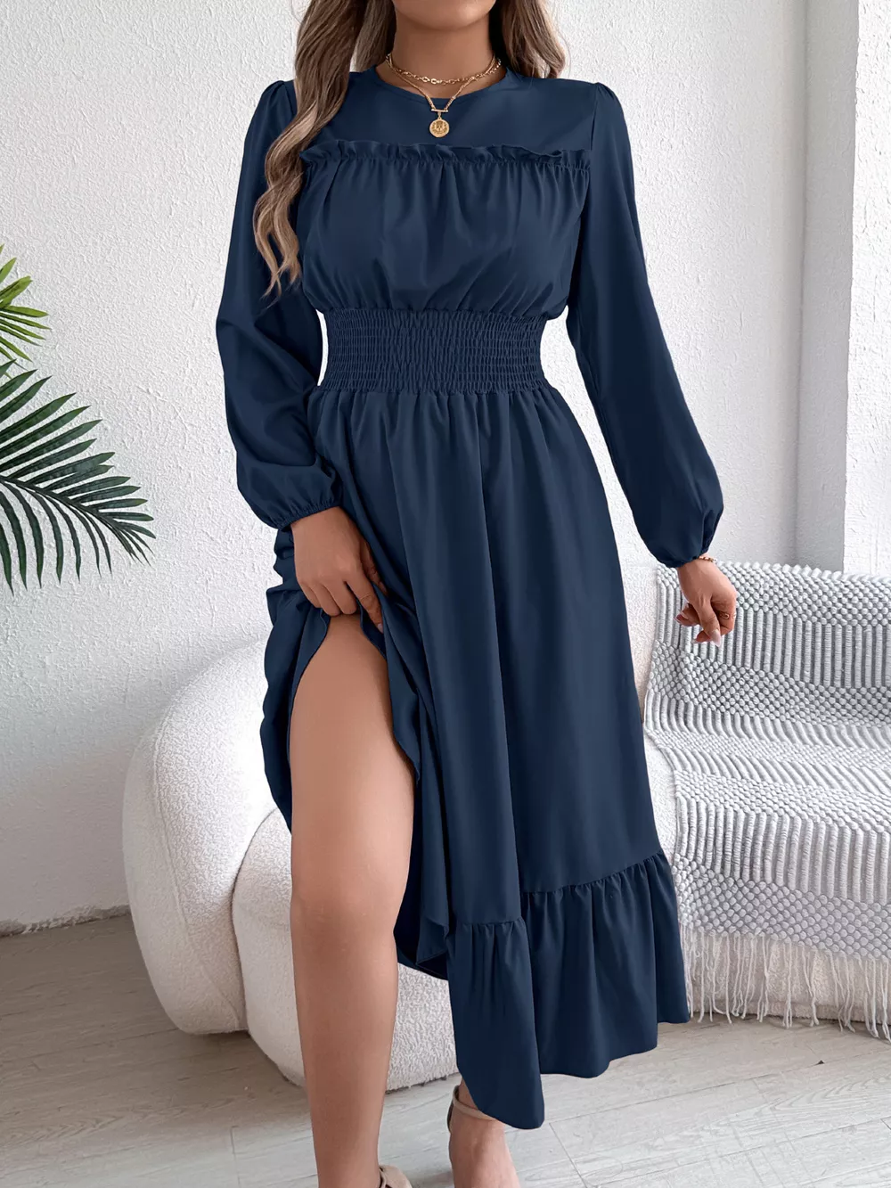 Round Neck Balloon Sleeve Tiered Dress, image 6