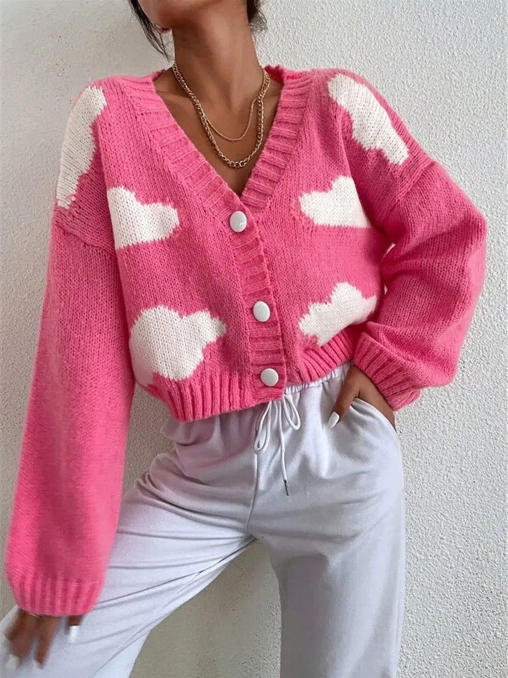Contrast Cloud Pattern Cropped Button-Up Cardigan