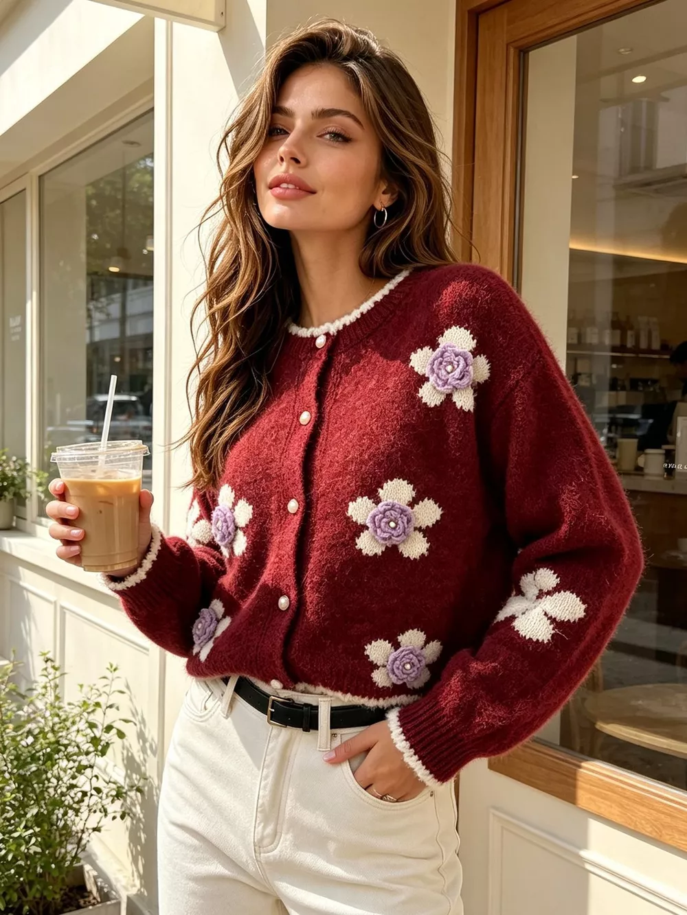 Floral Applique Button-Down Knit Cardigan, image 22
