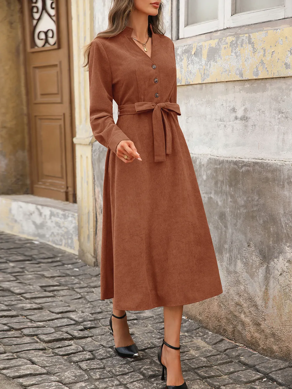 Long Sleeve Button Front Belted Midi Dress, image 4