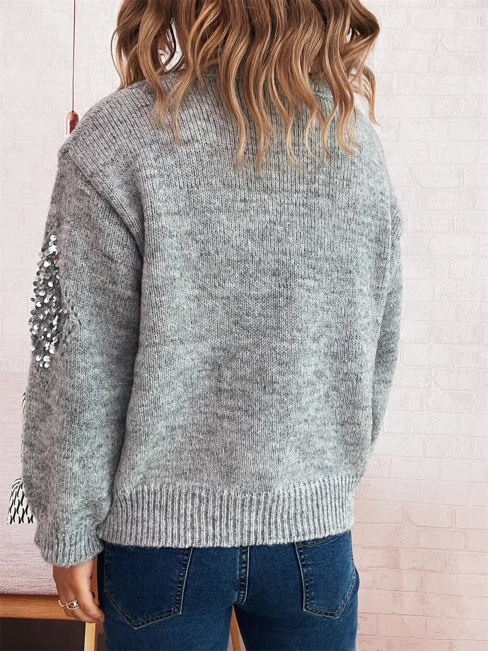 Sequined Diamond Pattern Oversized Sweater, image 6
