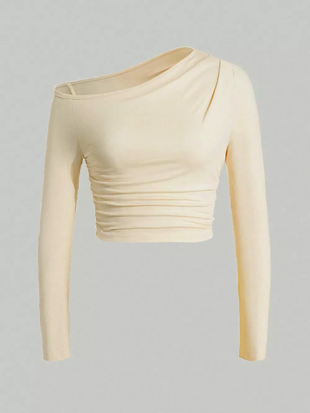 One-Shoulder Ruched Long Sleeve Crop T-Shirt