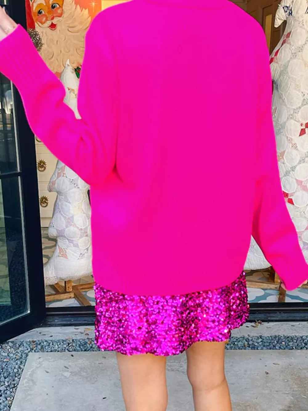 Merry Print Ribbed Trim Round Neck Loose Fit Sweater, image 2