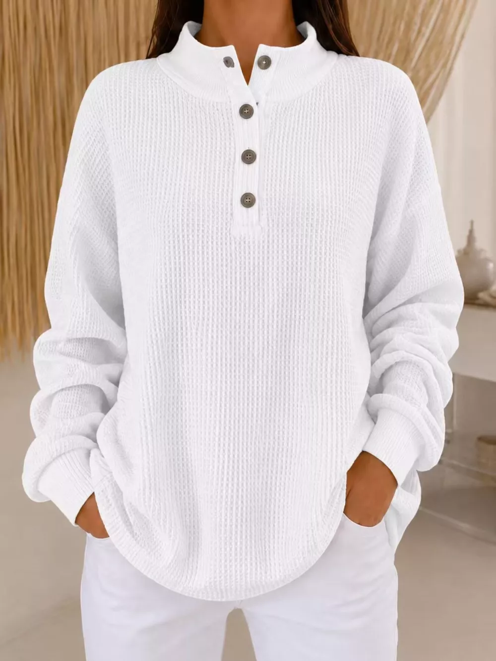 Full Size Waffle Knit Button Detail Sweatshirt Plus Size, image 8