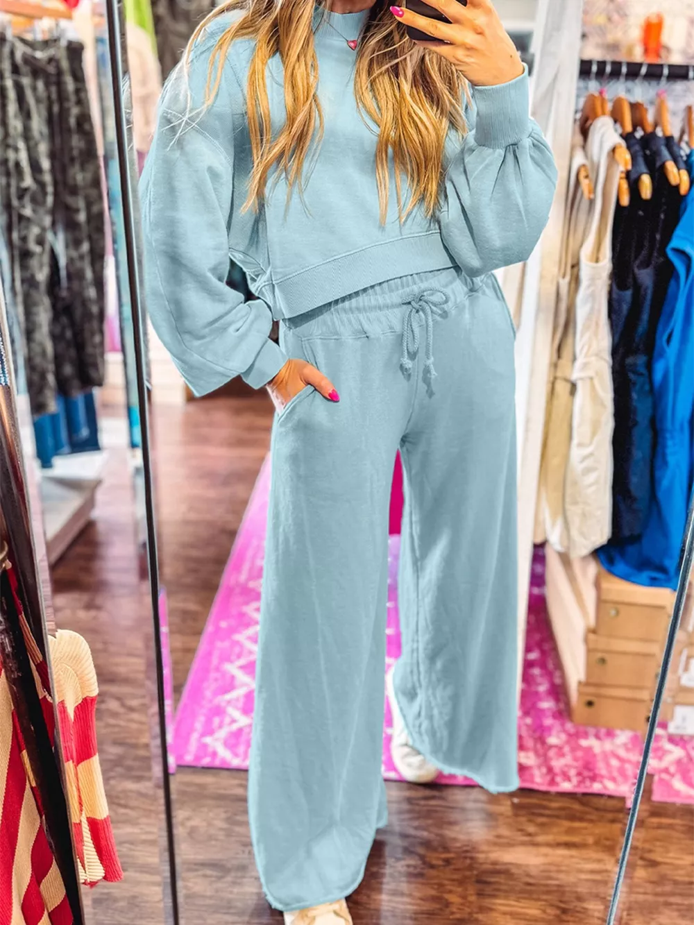 Drop Shoulder Puff Sleeve Crop Top and Drawstring Wide Leg Pants Set, image 13