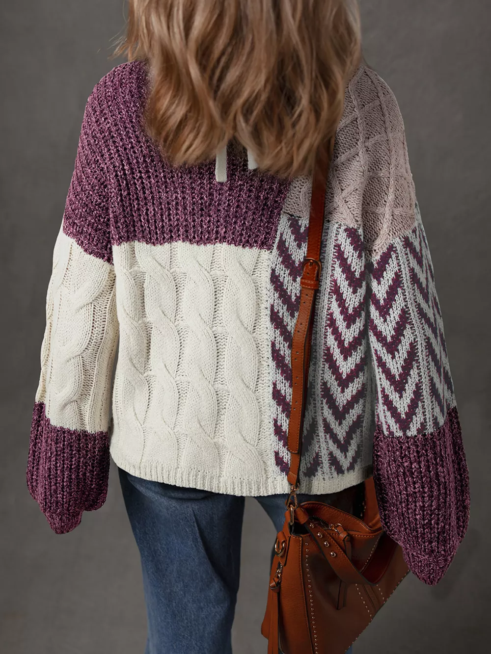 Color Block Patchwork Knotted Back Loose Fit Sweater, image 3