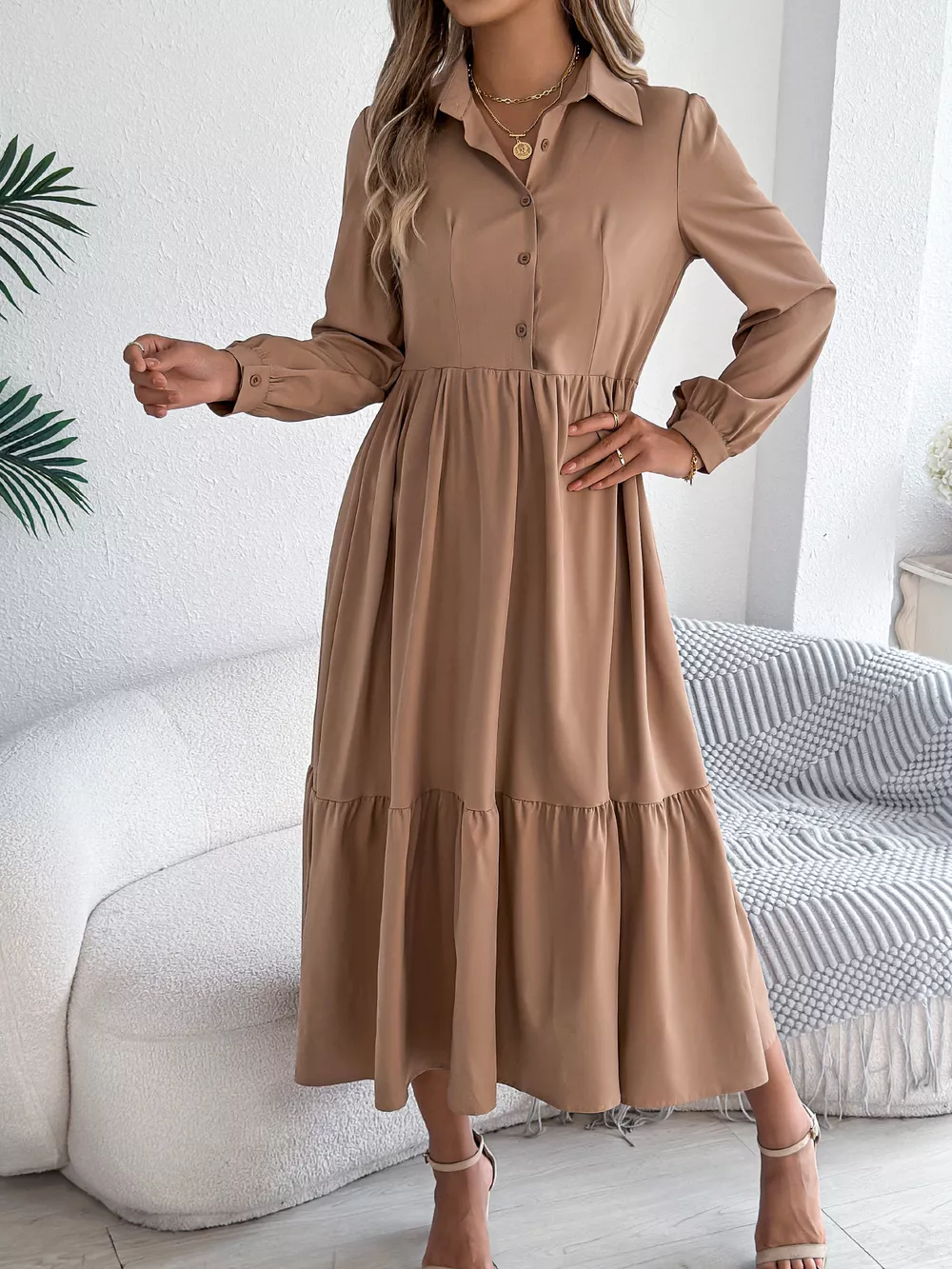 Long Sleeve Tiered Button Front Midi Dress, image 9