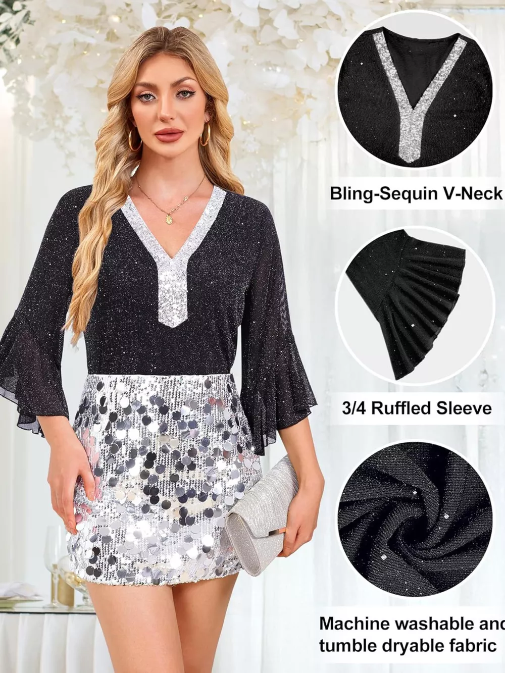 Sequin V-Neck Flounce Sleeve Blouse, image 9