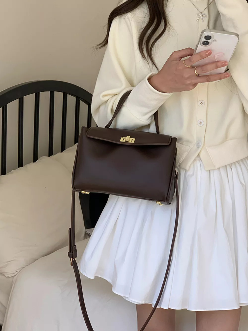 Golden Clasp Leather Crossbody Bag, image 19