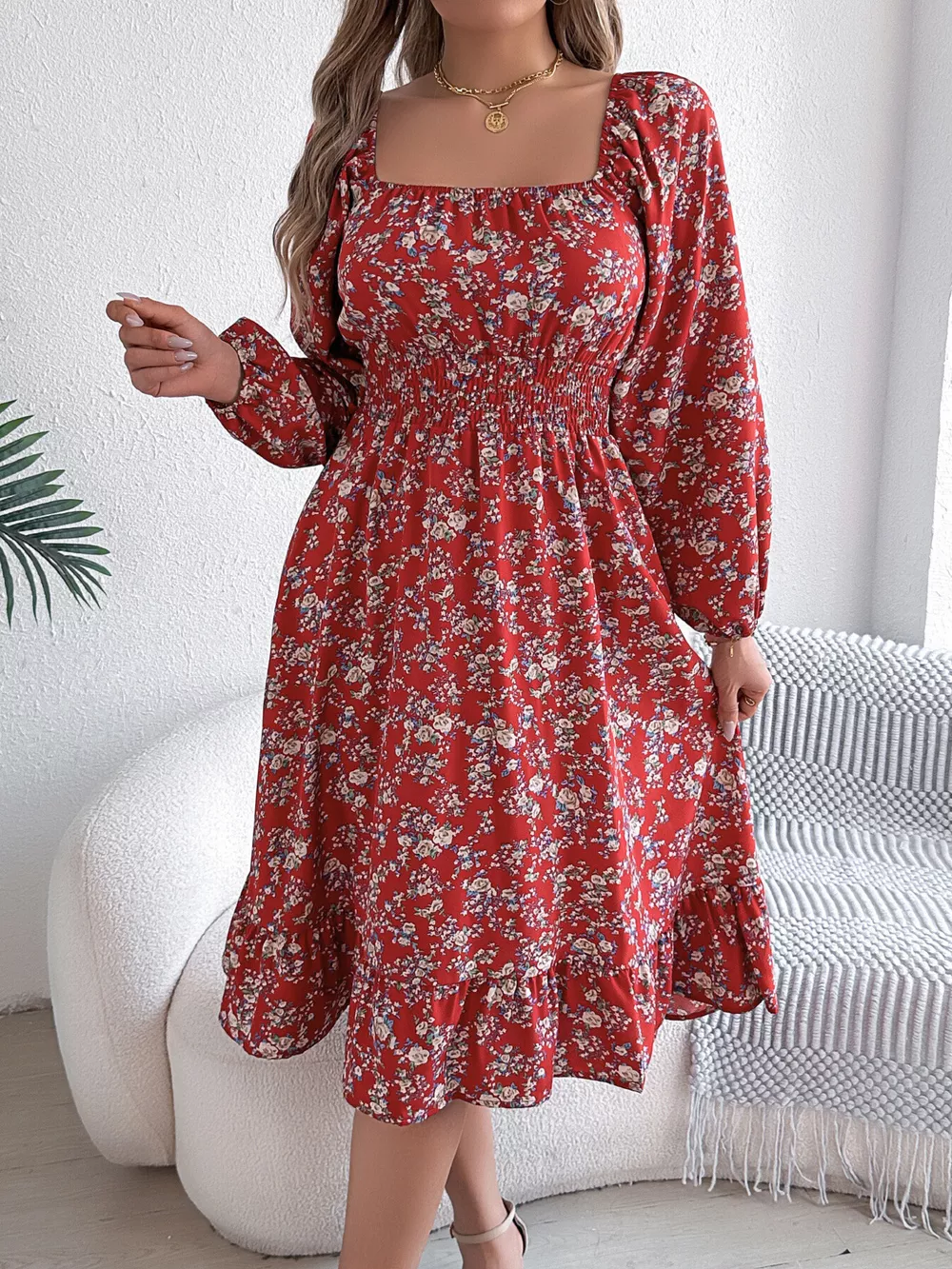 Floral Print Long Sleeve Square Neck Midi Dress, image 6