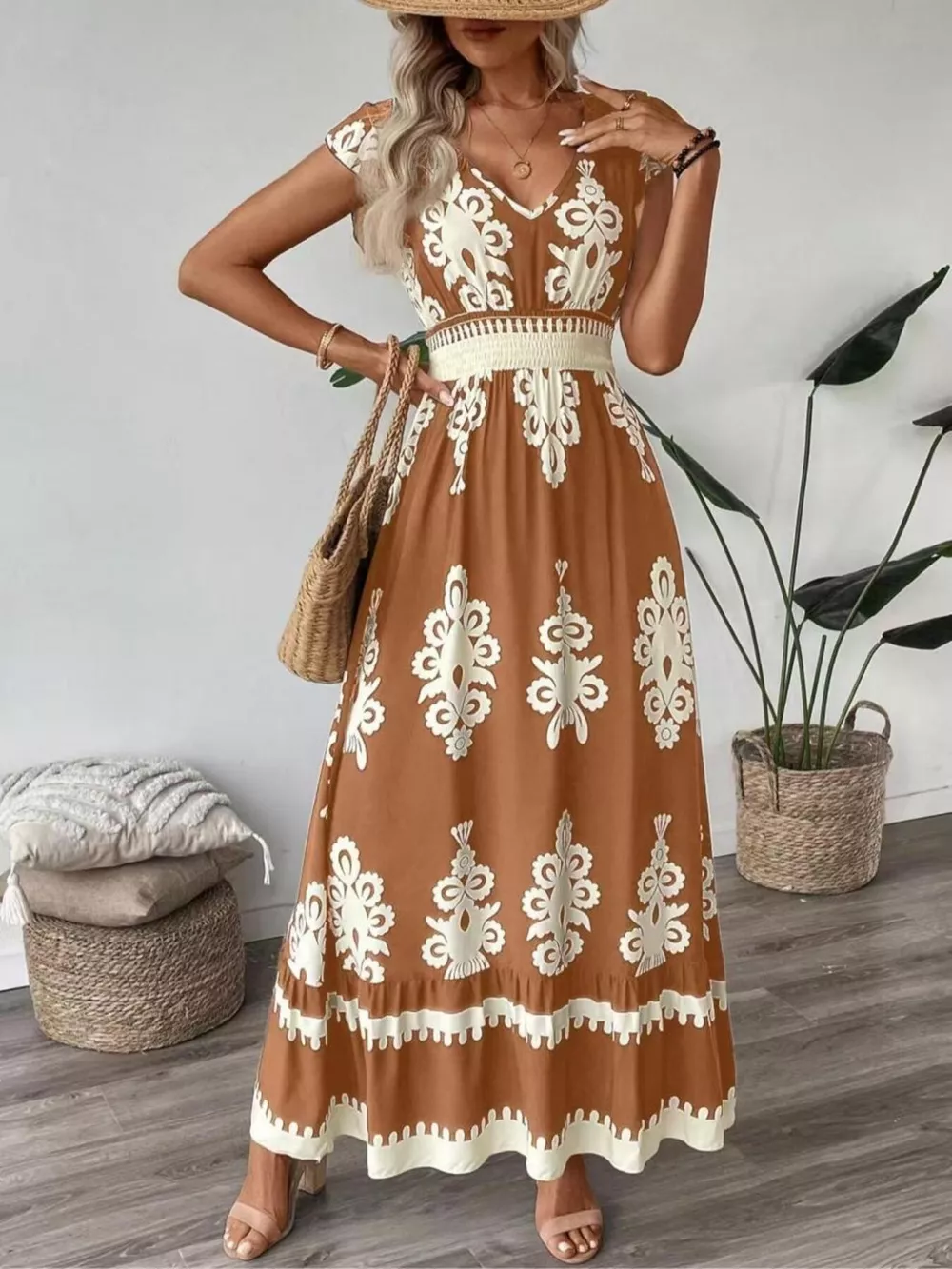 Printed V-Neck Ruffled Cap Sleeve Dress, image 10