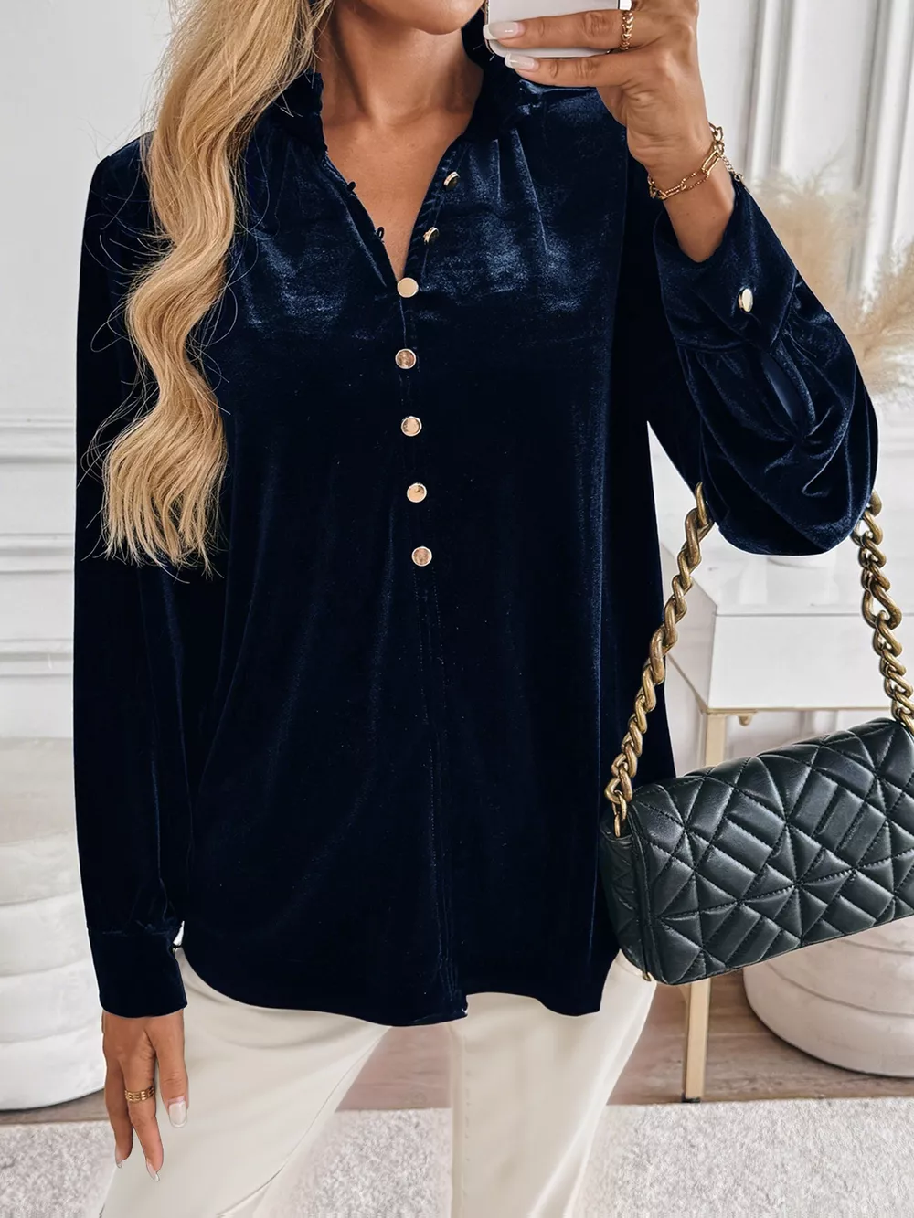 Velvet Button Front Long Sleeve Blouse, image 4