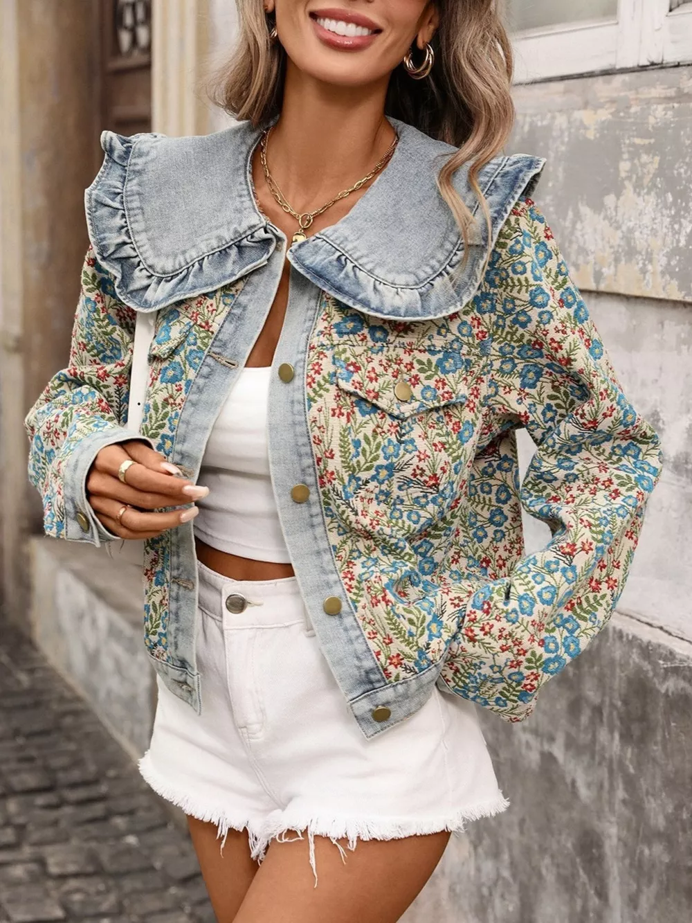 Floral Ruffle Collar Denim Jacket, image 2