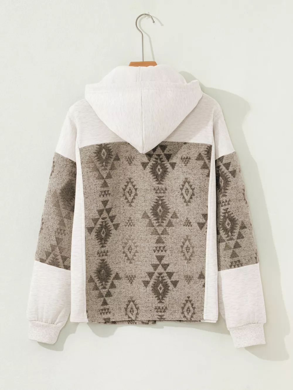 Western Aztec Print Color Block Patchwork Drawstring Hooded Shacket, image 6