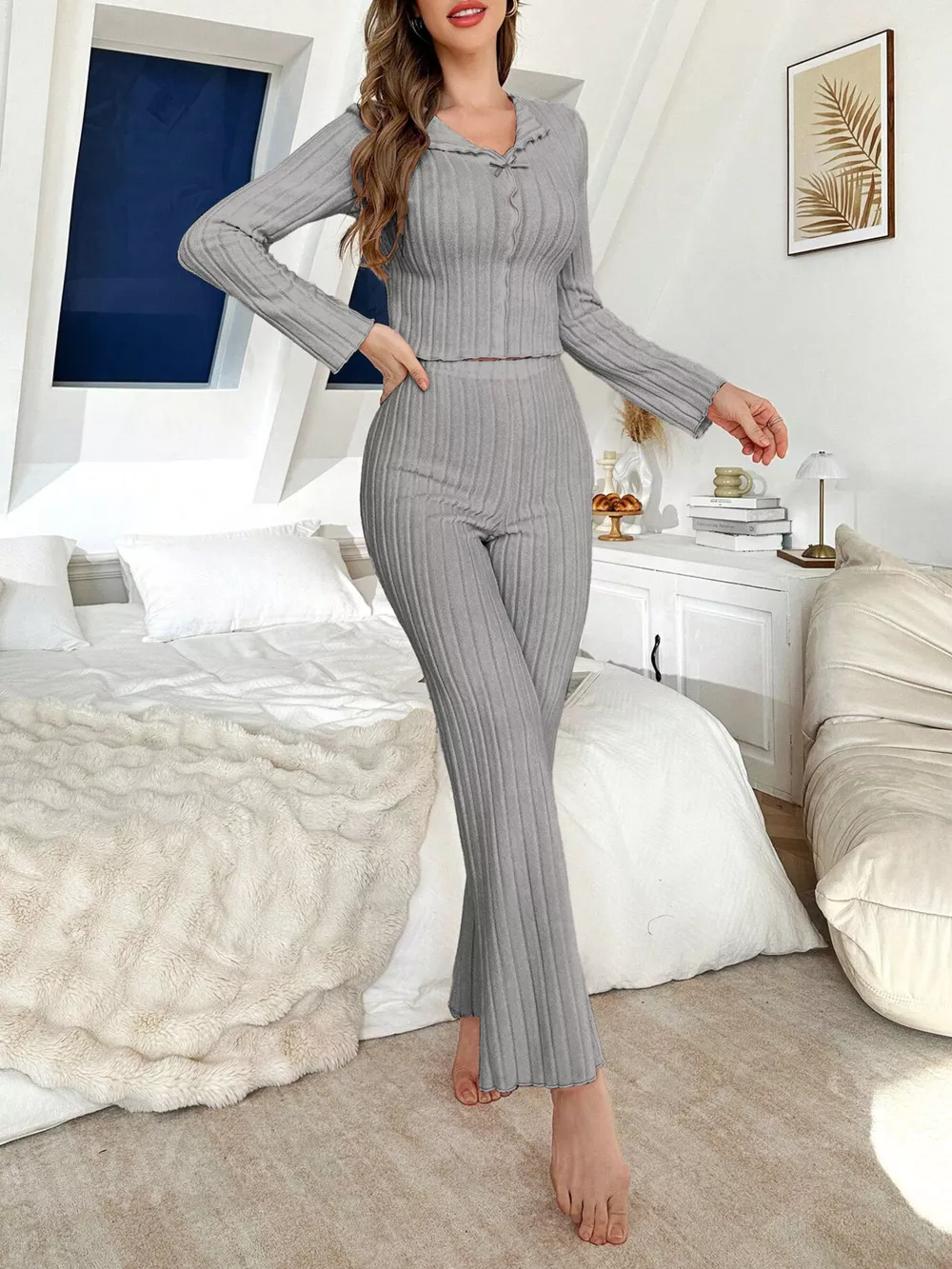 Bow Detail Ribbed Knit Top and Pants Lounge Set, image 12