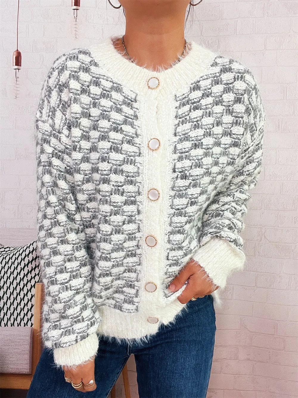 Fluffy Textured Button-Up Cardigan, image 8