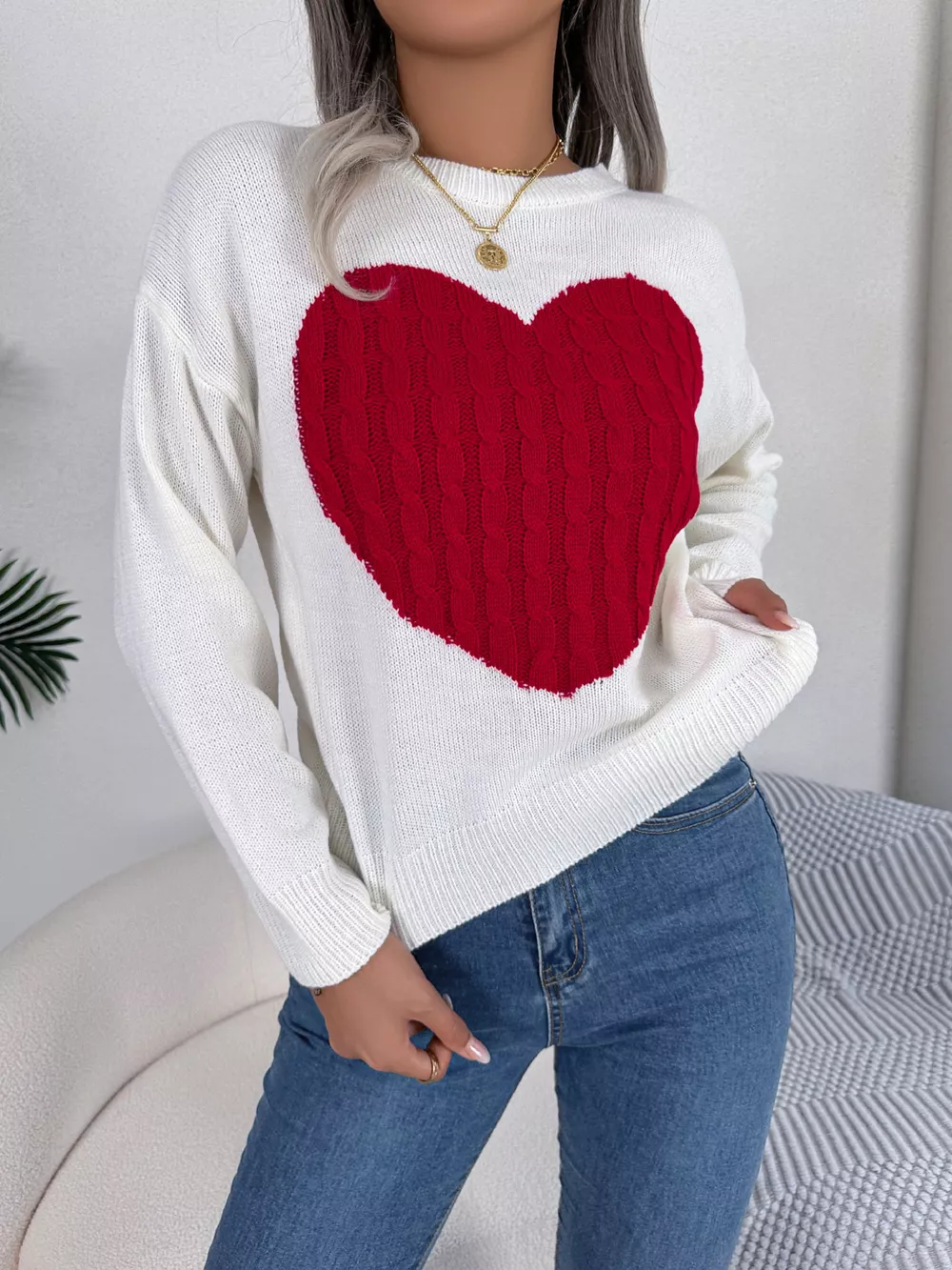 Cable Knit Heart Round Neck Sweater, image 17