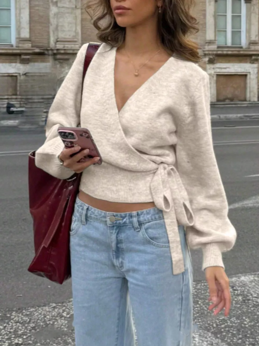 Tie Waist Surplice Sweater, image 5