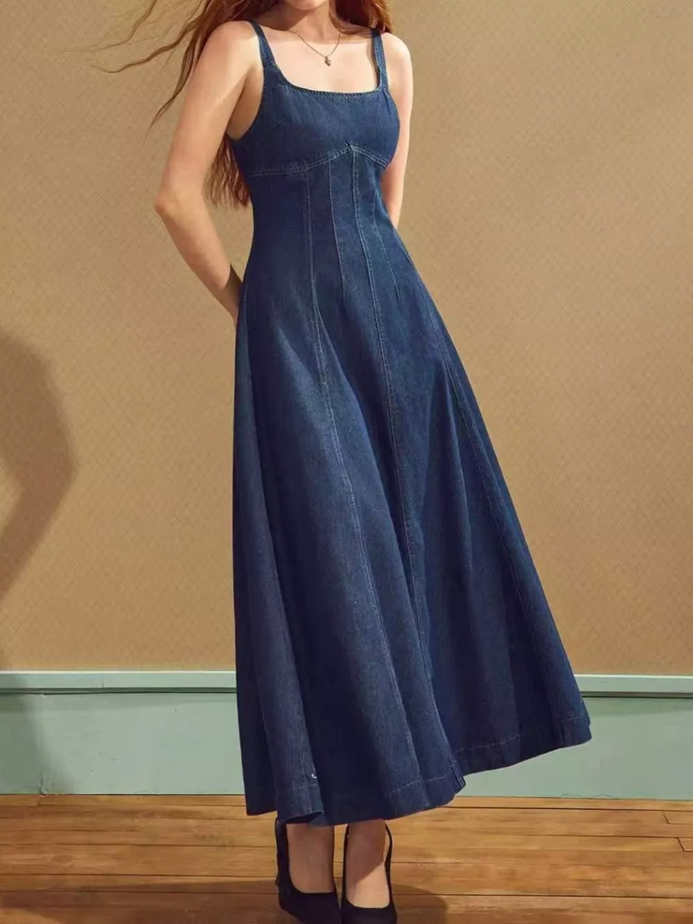 Square Neck A-Line Denim Dress, image 3