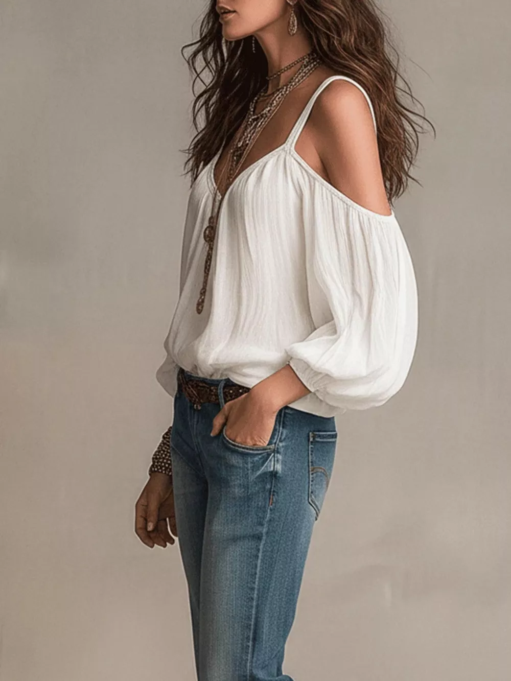 Cold Shoulder Balloon Sleeve Blouse, image 2