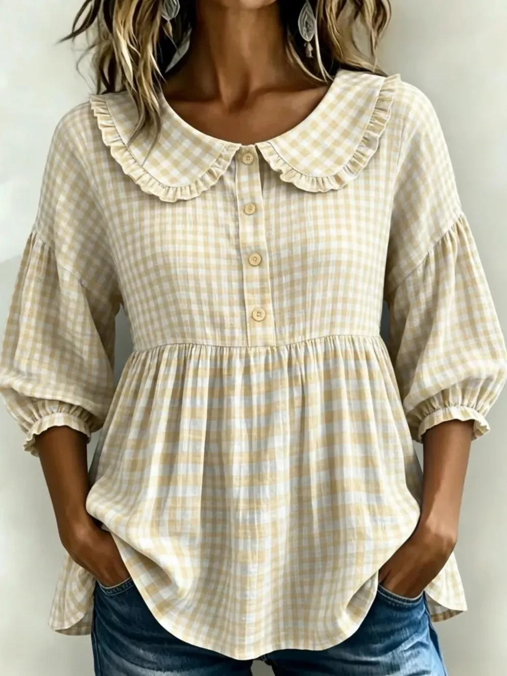 Full Size Gingham Peter Pan Collar Blouse Plus Size, image 5