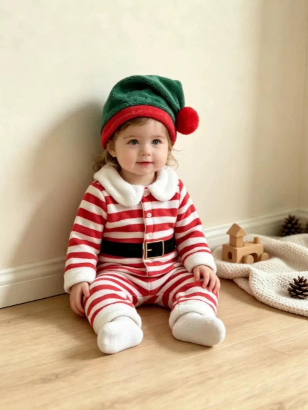 Children's Christmas Striped Pajama Set with Matching Hat, image 3