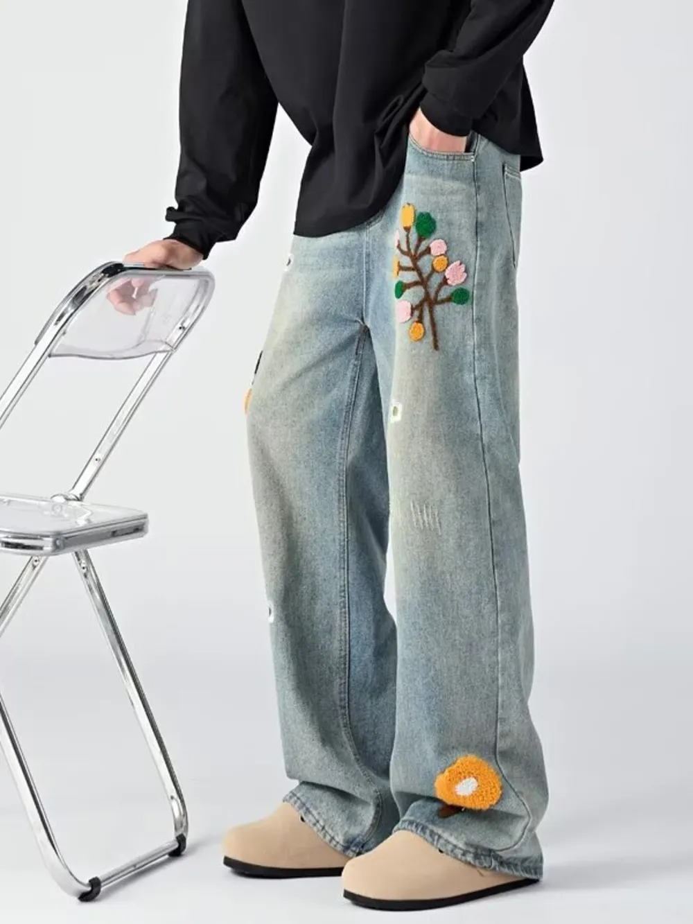 Men's Embroidered Wide Leg Jeans, image 5