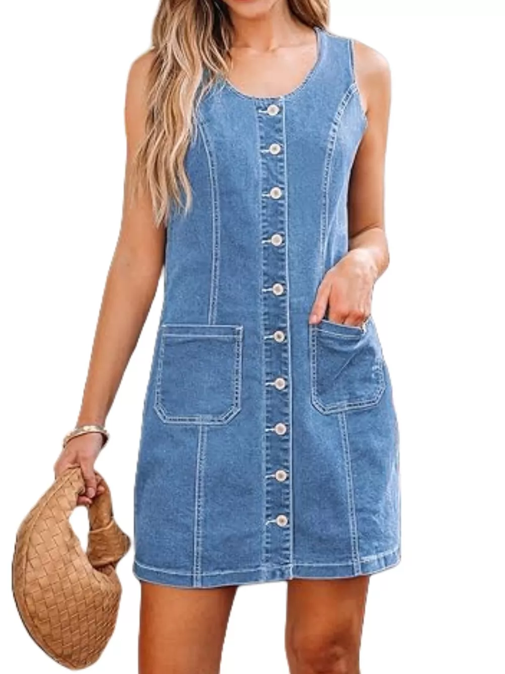Button-Front Sleeveless Denim Dress, image 2
