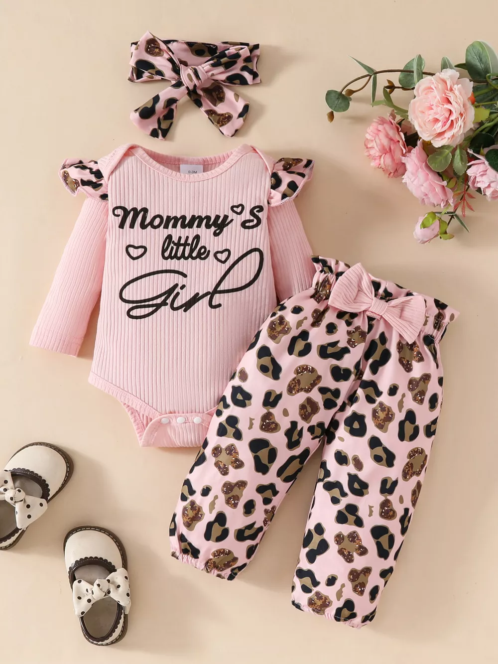 Children's Leopard Ruffled Bodysuit and Pants Set with Headband, image 6