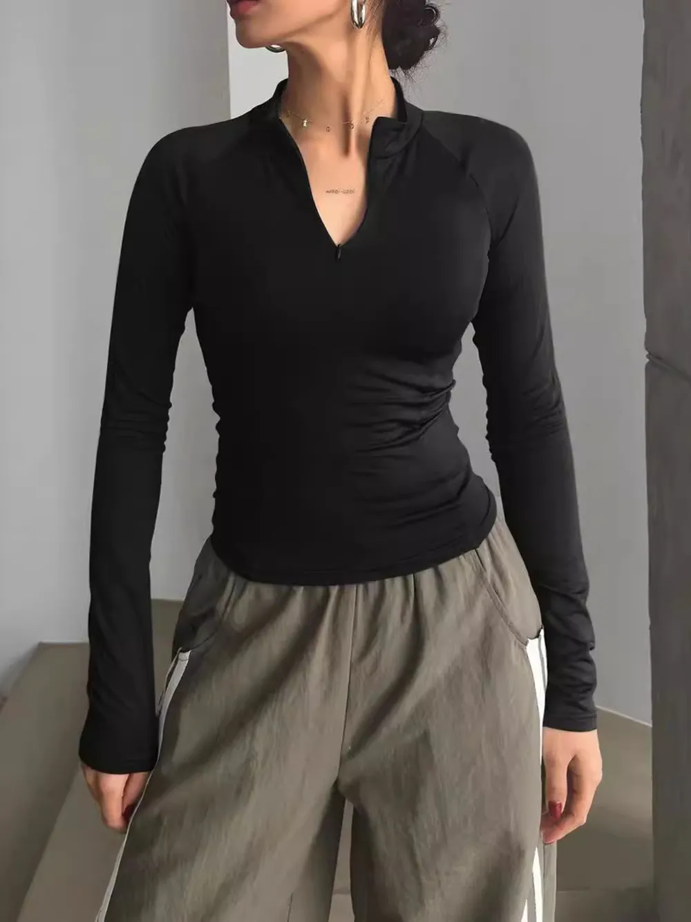 Long Sleeve Zip Front Fitted T-Shirt, image 4