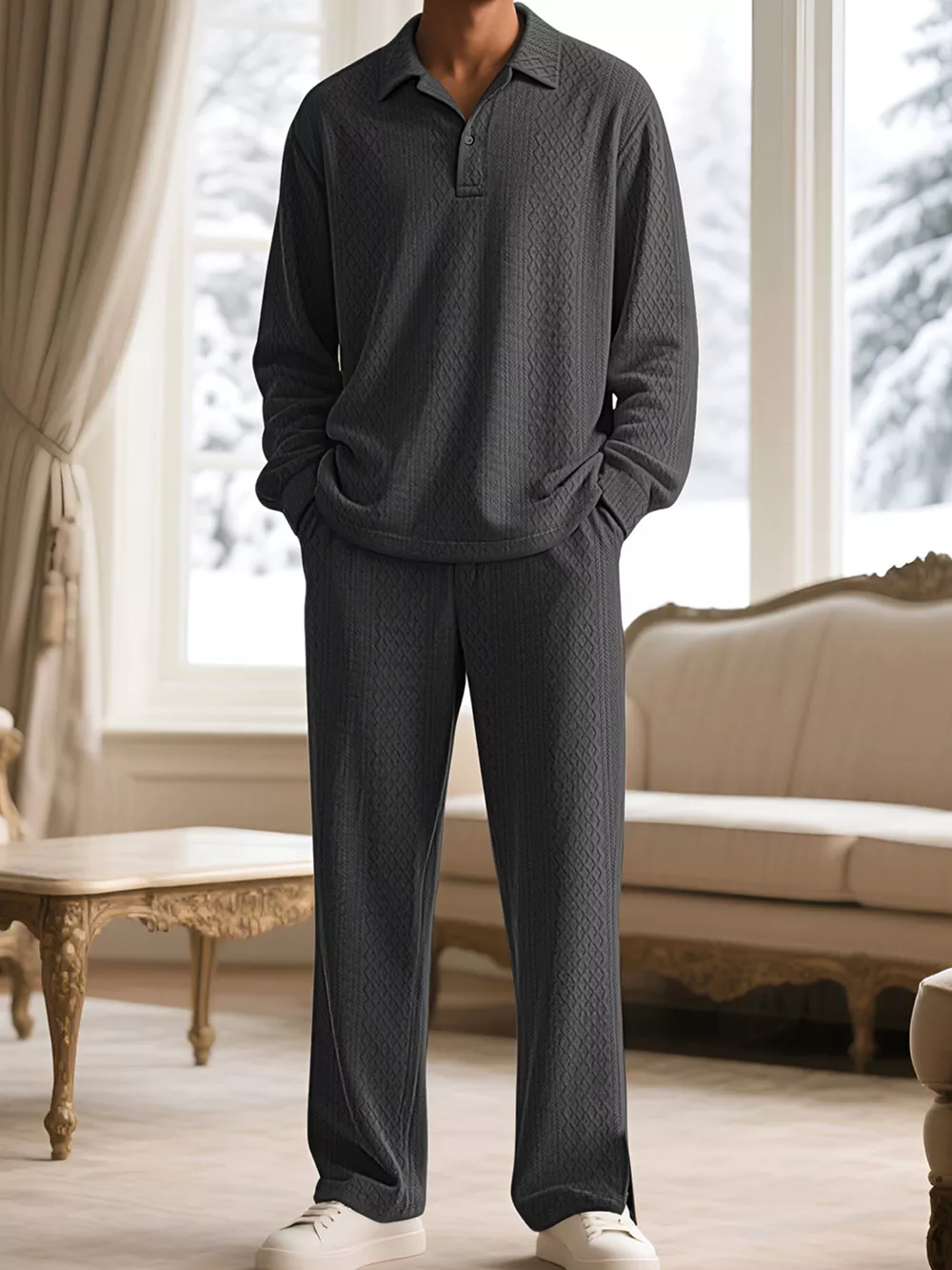 Men's Full Size Textured Long Sleeve Top and Pants Set Plus Size, image 7