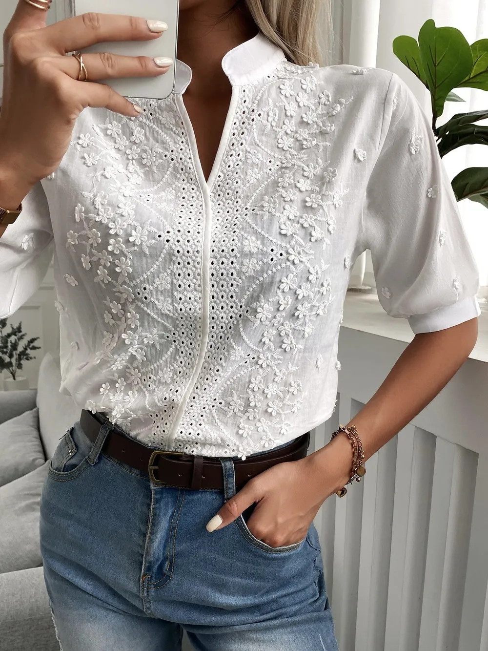 Embroidered Eyelet Notched Half Sleeve Blouse, image 3